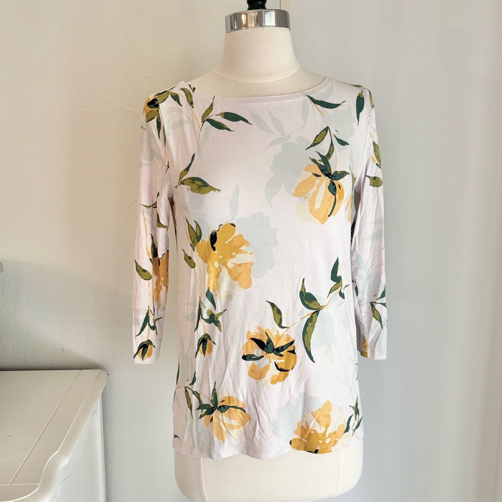 Ann Taylor Factory White with Yellow Floral Print 3/4 Sleeve Top, XS